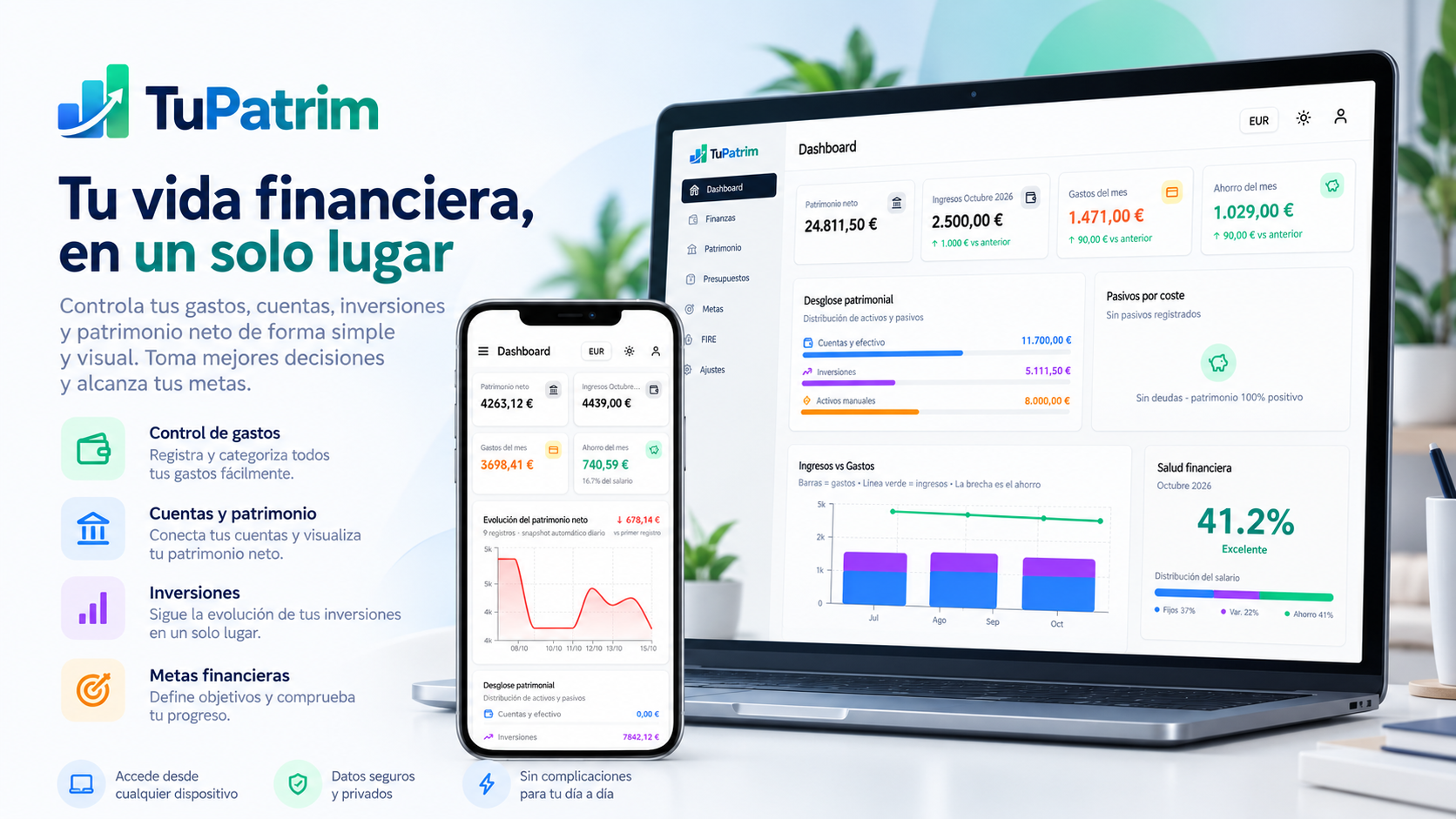 TuPatrim - Dashboard de finanzas personales en laptop y móvil